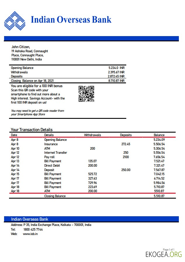 Inde Relevé de la Indian Overseas Bank